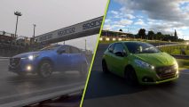 Gran Turismo 7 servers down: a split image of a blue hatchback driving in rainy conditions and a green hatchback taking a corner with a cloudy blue sky behind