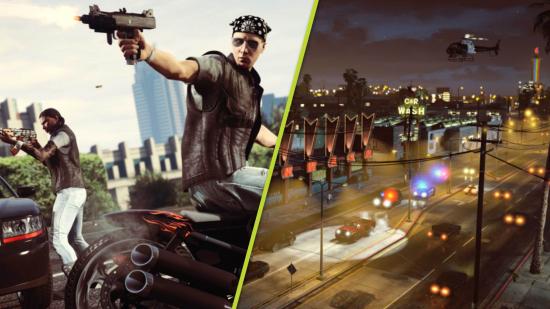 Grand Theft Auto 5 PS5 Xbox Series XS Performance Ray Tracing: A GTA Online character can be seen, alongside a shot of Los Santos