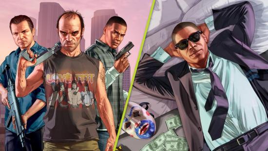 GTA V PS5 Xbox Series X Price: Michael, Trevor, and Franklin can be seen with another person laying on a bed with money