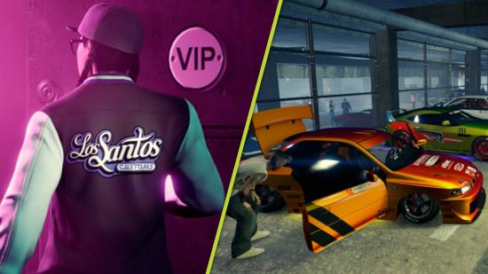 GTA Online GTA Plus membership: a player can be seen walking into a VIP room while another looks at their car collection