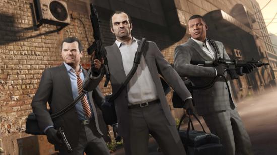 GTA V PS5 Xbox Series XS Save Transfer: Michael, Trevor, and Franklin can be seen robbing a place