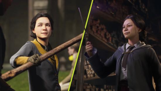 Hogwarts Legacy state of play gameplay: two witches, one with a broom and one with a wand