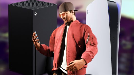 How to transfer GTA Online saves from Xbox One to Series X|S or PS4 to PS5: Man holding a phone from GTA Online in front of a PS5 and Xbox Series X