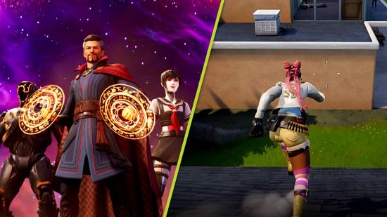 How to sprint in Fortnite Chapter 3 Season 2: Two images, one of Doctor Strange in a Fortnite cinematic and another showing off a player sprinting in-game