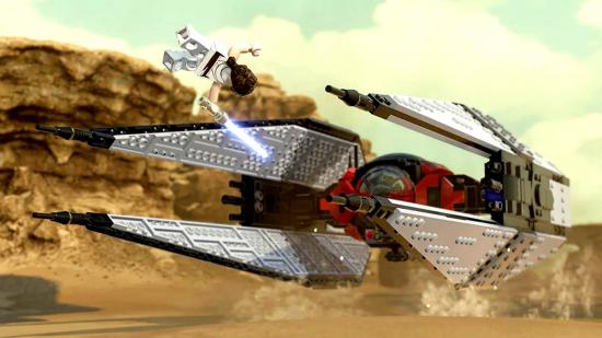 Lego Star Wars The Skywalker Saga vehicles and Ships list: Lego Rey jumping over Lego Kylo Ren's First Order starfighter