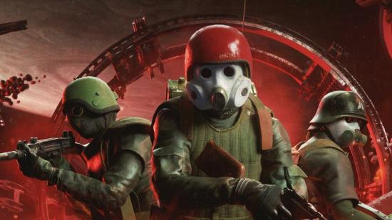 Marauders game reveal: Three soldiers in dark green military style outfits and spacesuit-style helmets wield their weapons
