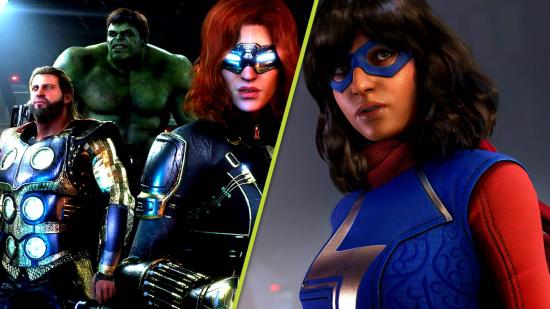 Marvel's Avengers PS5 crash fix: Two images, one of Kamala Khan in-game and another of Thor, Hulk, and Black Widow from Avengers' final showdown with MODOK