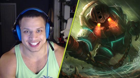 A split iamge showing League of Legends streamer Tyler1 smiling in a green tank top and splash art of League of Legends champion Nautilus