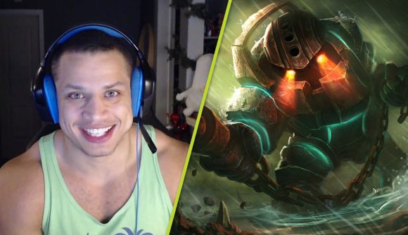 A split iamge showing League of Legends streamer Tyler1 smiling in a green tank top and splash art of League of Legends champion Nautilus