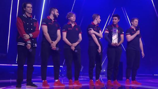 Valorant Champions Tour team Gambit on stage after winning the 2021 VCT Masters 3 event