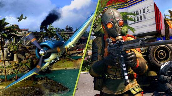 Warzone Pacific March 2 Patch Notes Vanguard Royale: Two images, one of Polina in a gas mask and another of a plane
