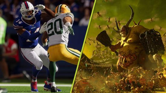 Xbox Game Pass February 2022 breakdown: a split imaeg of two screenshots, one from Madden NFL 22, the other from Total War Warhammer 3