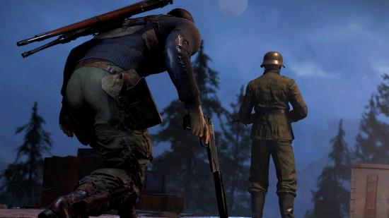 Sniper Elite 5 Game Pass: An image of Karl Fairburne sneaking up on a Nazi