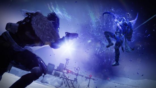 Destiny 2 Hunter build: A Guardian in Destiny 2 floats in the air covered in ice crystals as they unleash a Stasis attack at an enemy below them