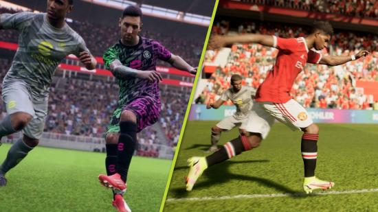 eFootball 1.0 update: A split image of Lionel Messi striking the ball in a purple kit, and Marcus Rashford sprinting in his red Manchester United kit