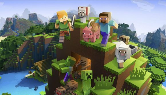 Game Pass game, Minecraft - the characters are seen standing on a blocky mountain.