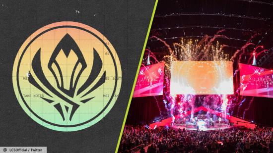 League of Legends MSI 2022 groups: MSI 2022 logo next to a stadium shot from the 2022 LCS Spring Final