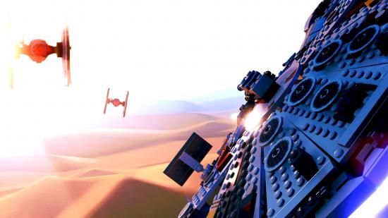 Lego Star Wars The Skywalker Saga Unlock Ships: A Shot of the Lego Millennium Falcon over Jakku