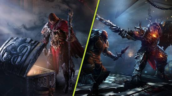Lords of the Fallen 2 Release Window: The player can be seen opening a chest, while another shot shows the playing fighting an enemy.