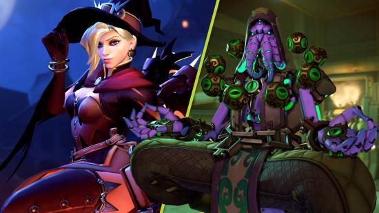 Overwatch Anniversary Remix 1 Event: Two images, one of Cultist Zenyatta and one of Witch Mercy
