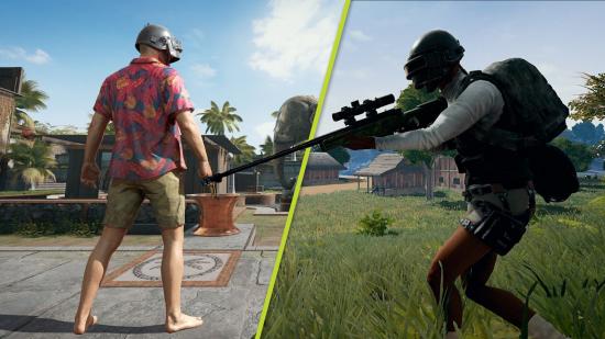 PUBG Sanhok return: A man in a Hawaiian shirt stands with his back to the camera, a man runs with a sniper rifle
