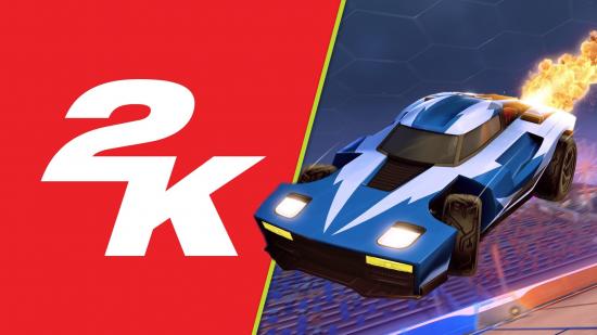 Rocket League rival Gravity Goal: An image showing the 2K logo and a car boosting through the air in rocket league