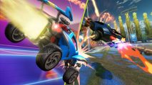 Rocket League: A car can be seen driving while another is one a field