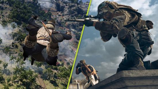 Warzone season 3 sniper changes: A split image of an operator dropping into Caldera and another operator crouched on top of a building aiming down the scope of a sniper rifle