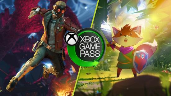 Xbox Game Pass March 2022: A split image showing Star Lord from the Guardians of the Galaxy game and the sword and shield-donning fox from Tunic. The Xbox Game Pass logo is overlayed in the centre