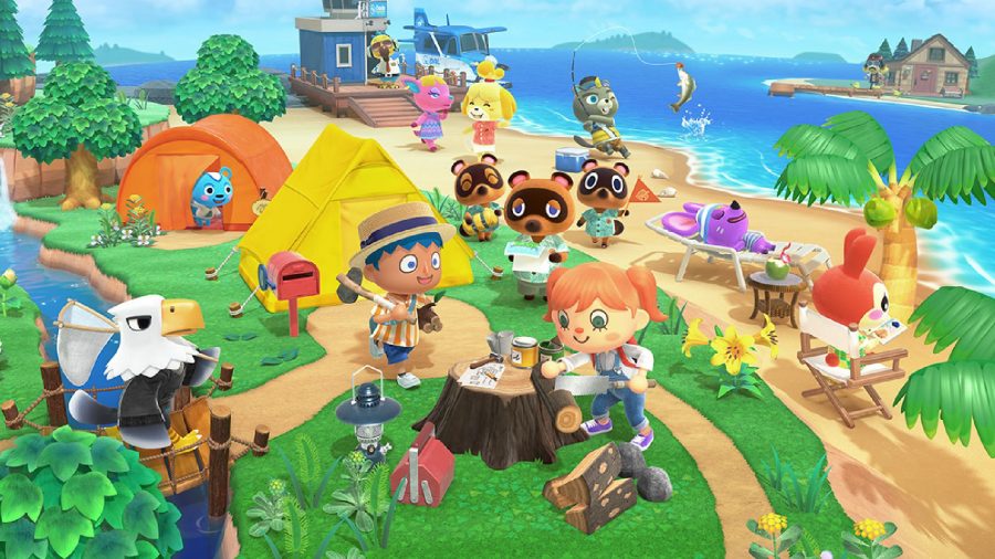 Animal Crossing New Horizons: Multiple players and characters can be seen on a beach