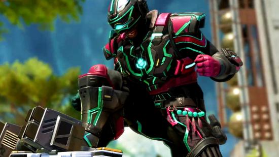 Apex Legends bleed effect frame rate drops: an image of Newcastle in black, green, and pink armour