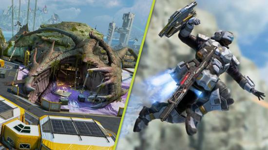Apex Legends Season 13 patch notes: A split image of the new Downed Beast POI in Storm Point, and Newcastle flying through the air in Apex Legends
