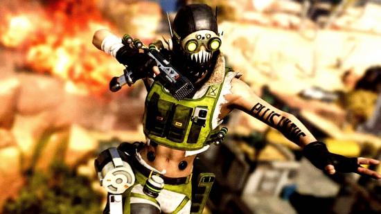 Apex Legends Weapon Stickers leak: An image of Octane jumping with a pistol in hand