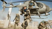Battlefield 2042 Season 1: A squad of soldiers jump to the ground from a helicopter
