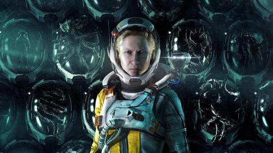best PS5 games: The astronaut in Returnal in front of broken helmets