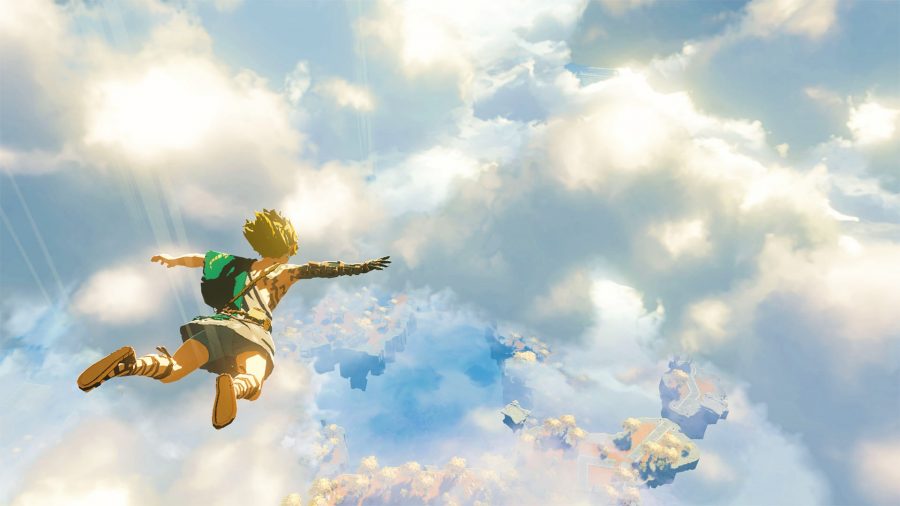 breath of the wild 2 hero link dives through clouds in the sky
