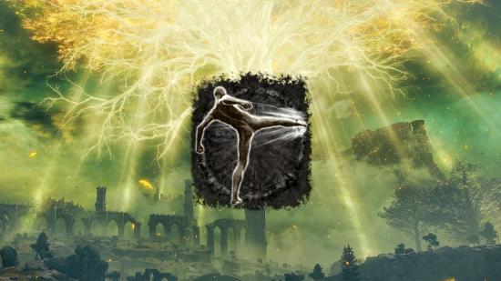 Elden Ring beat game kick: an image of a glowing tree with the Kick Ash of War logo infront of it