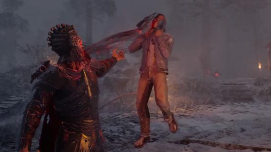 Evil Dead game Demons: A Necromancer Demon can be seen holding up a Survivor and preparing to kill them.