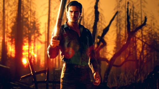 Evil Dead The Game Voice Actors Cast: An image of Army of Darkness Ash in a burning forest