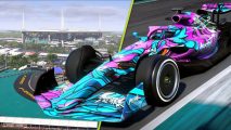 F1 22 game trailer Miami circuit: a shot of the Miami circuit in-game, next to a special Abstrk livery car