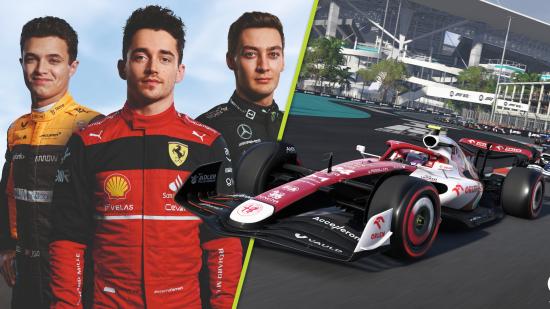 F1 22 new engineer: A split image showing a lineup of George Russell, Charles Leclerc, and Lando Norris, and an F1 22 screenshot of an Alfa Romeo car