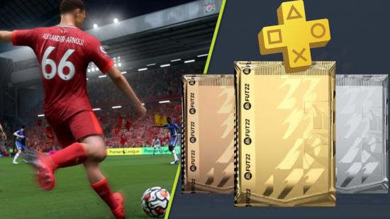 FIFA 22 free PS Plus FUT pack: A Liverpool player in a red kit lines up a cross next to FIFA 22 Ultimate Team pack art and the PS Plus logo