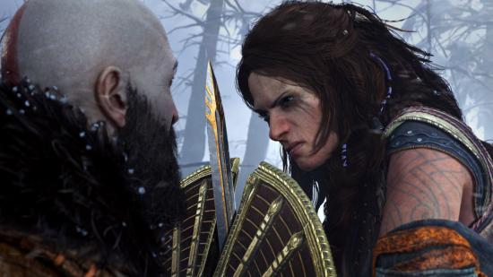 God of War Ragnarok accessibility: Kratos and Freya face off with a shield between them