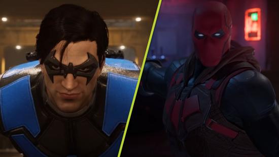 Gotham Knights Nightwing Red Hood Gameplay: Nightwing can be seen, alongside Red Hood who is firing a gun behind him.