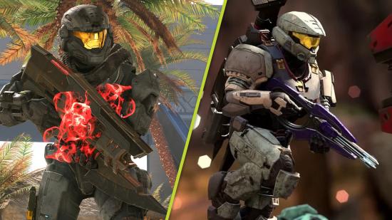 Halo Infinite Season 2: Two screenshots of spartans wielding weapons in Halo Infinite