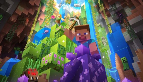 How to download Minecraft on PlayStation - a promotional image shows Steve and Alex descending into a deep cave.