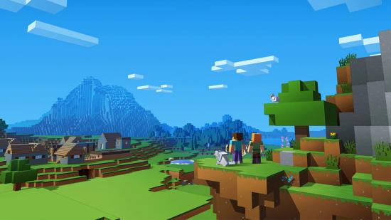 How to download Minecraft for Xbox, PlayStation or Nintendo Switch - a scene shows Steve and Alex overlooking the expansive, blocky Minecraft world.