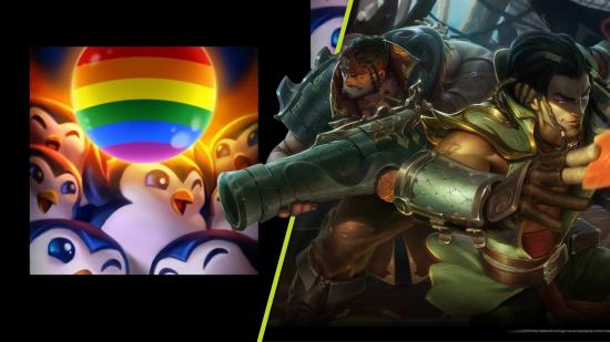 League of Legends pride 2022: A Pengu LGTQAI+ flag with Twisted and Graves