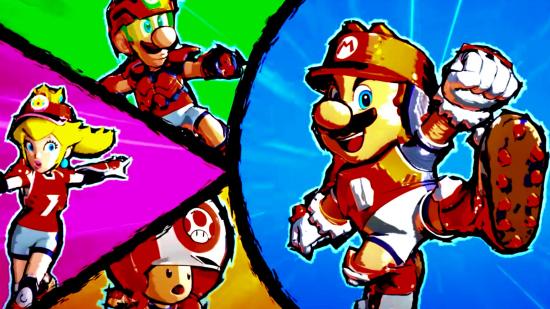 Mario Strikers Battle League DLC characters confirmed: An image of Mario, Luigi, Peach, and Toad from Mario Strikers Battle League