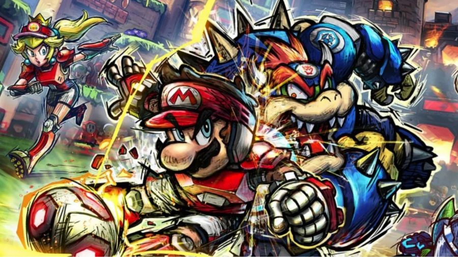 Mario Strikers Battle League: Mario and Bowser can be seen tackling each other for the ball, while Peach runs in the background.
